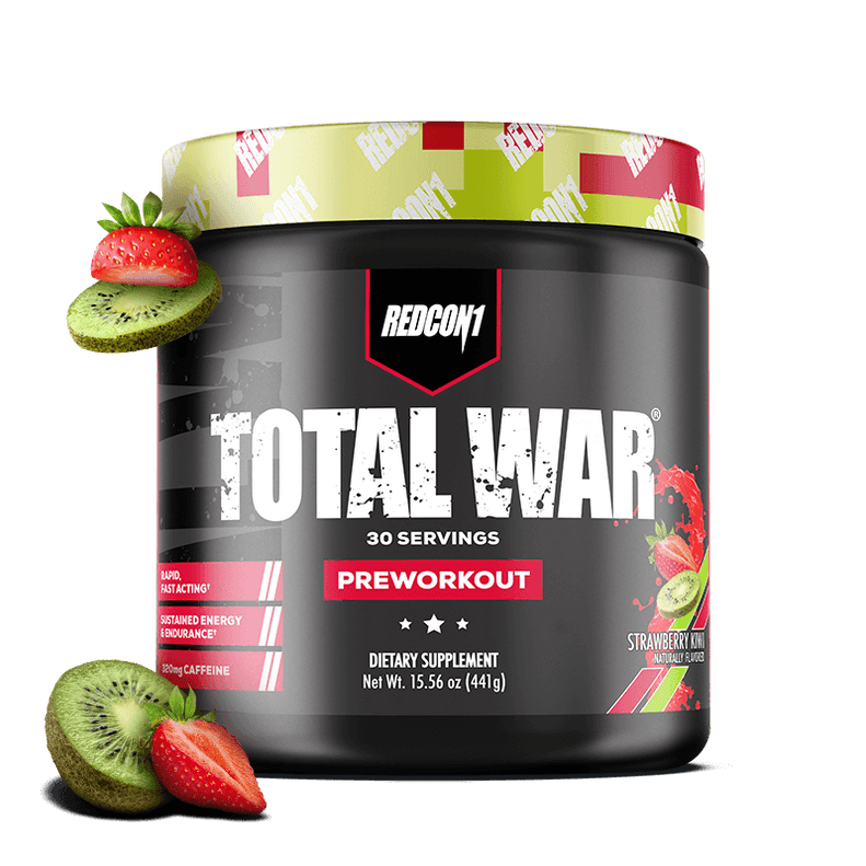 Redcon1 Total War preworkout supplement container with strawberries and kiwi on a green background