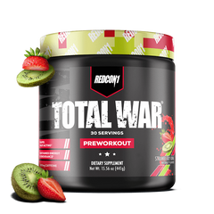 Redcon1 Total War preworkout supplement container with strawberries and kiwi on a green background