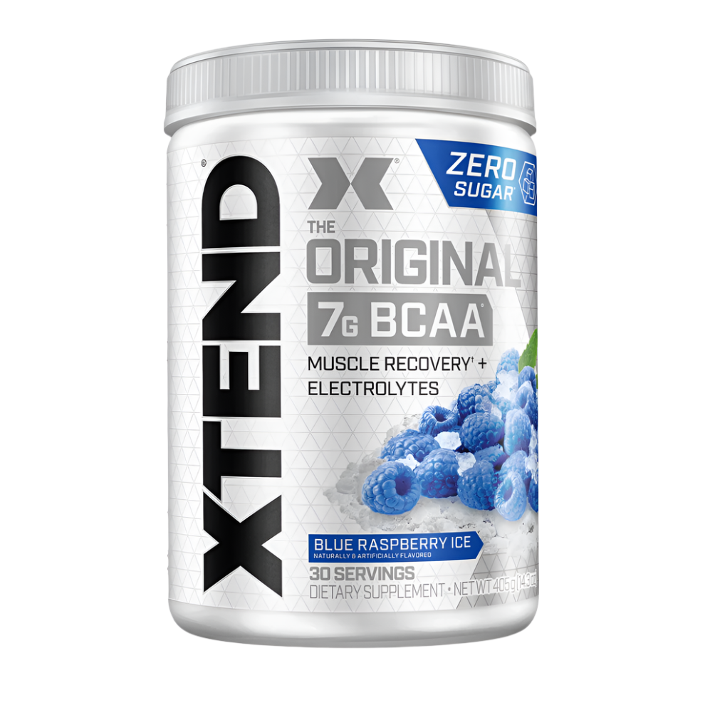 Container of XTEND BCAA supplement with blue raspberry ice flavor on a white background
