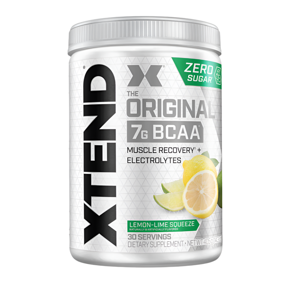 Container of XTEND BCAA supplement with lemon-lime flavor on a white background