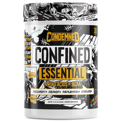 Confined EAA + BCAA by Condemned Labz, 30 servings canister for muscle recovery and hydration in unicorn rain flavor.