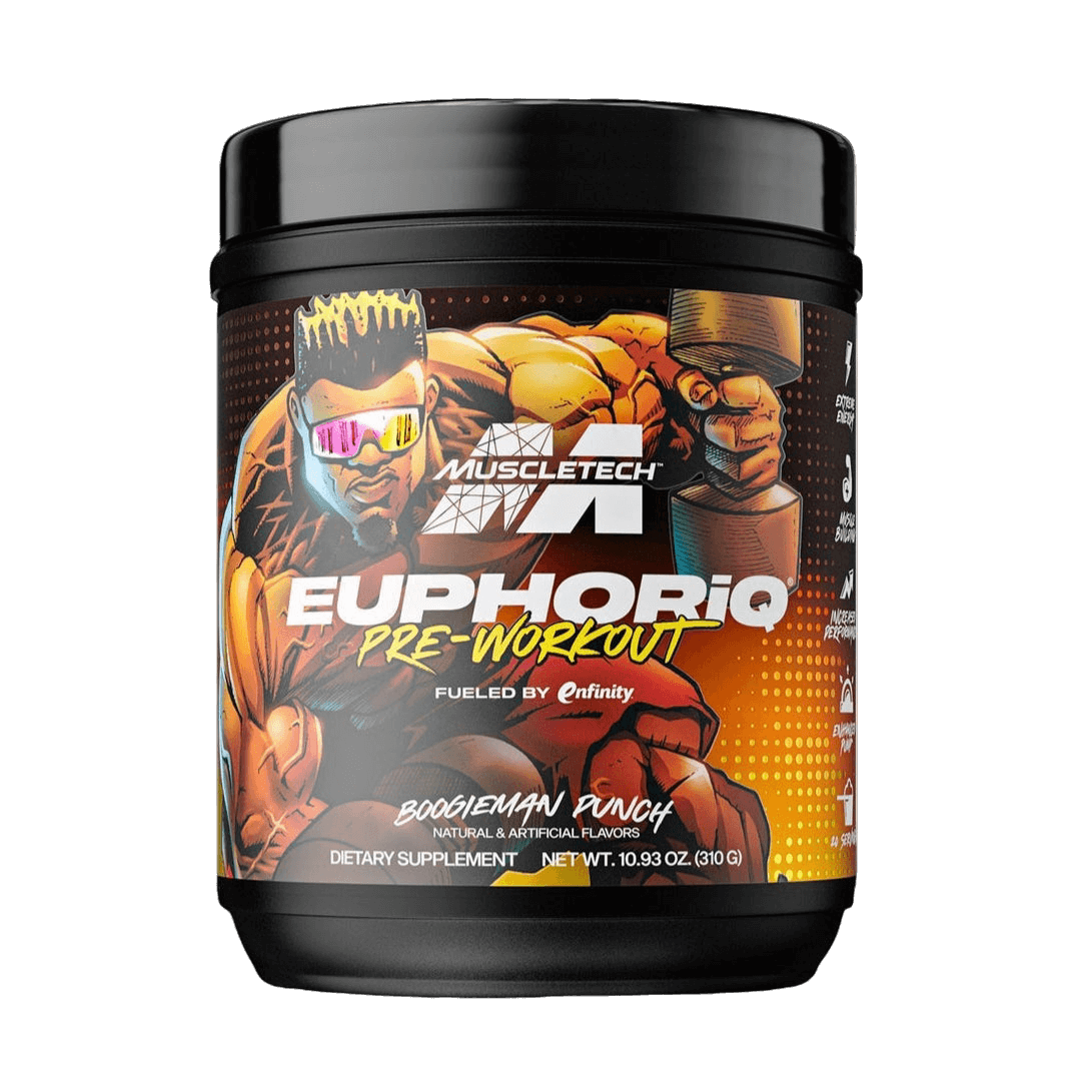 EuphoriQ Pre-workout by MuscleTech in Boogieman Punch flavor, 340g dietary supplement container.