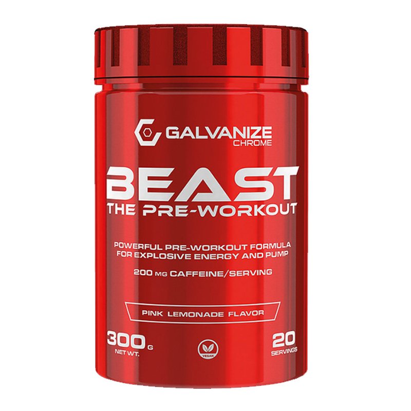 A red container with white text featuring Galvanize Nutrition’s Beast The Pre-Workout 300g by Galvanize Chrome in a refreshing Mango Sorbet flavor.