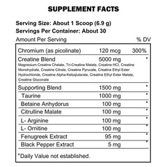 Supplement facts for Kevin Levrone Anabolic Crea10 showing ingredients and serving details.