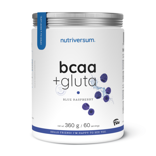 A white plastic tub of nutriversum bcaa + gluta supplement in Blue Raspberry flavor, featuring a silver metal lid and blue raspberry graphics on the label.