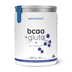 A white plastic tub of nutriversum bcaa + gluta supplement in Blue Raspberry flavor, featuring a silver metal lid and blue raspberry graphics on the label.