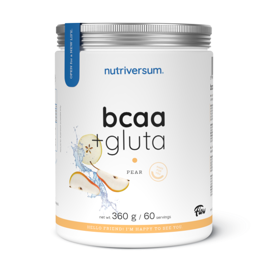 A white tub of Nutriversum bcaa + gluta powder in pear flavor, featuring a silver lid and a blue vertical tag on the left side, set against a plain white background.