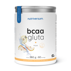A white tub of Nutriversum bcaa + gluta powder in pear flavor, featuring a silver lid and a blue vertical tag on the left side, set against a plain white background.