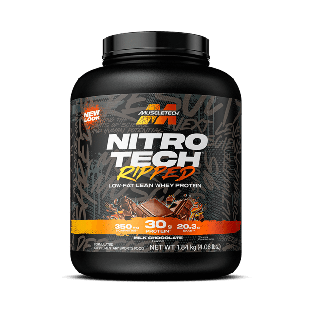A black container of Nitrotech Ripped 4lbs by MuscleTech, a popular whey protein in Pakistan, features a Low-Fat Lean Whey Protein label, milk chocolate flavor, with 30g protein and 350mg weight loss complex per serving.