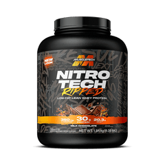 A black container of Nitrotech Ripped 4lbs by MuscleTech, a popular whey protein in Pakistan, features a Low-Fat Lean Whey Protein label, milk chocolate flavor, with 30g protein and 350mg weight loss complex per serving.