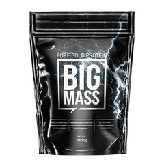A sleek black pouch of Big Mass 3000g by Pure Gold Protein features lightning graphics and highlights its muscle gainer formula, high protein, added creatine, 25 servings, and a net weight of 3000g.