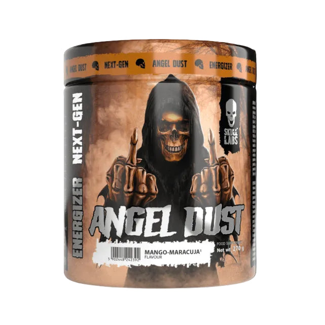Container of 'Angel Dust' energy supplement with a skull and crossbones design on a white background